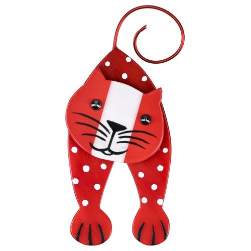 Red and White with stripes and polka dots Mirko Cat Brooch - Galalith – Vintage Jewelry - handcrafted by Pavone by Pavone