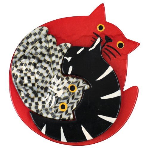 Red, Black and Checkered Puzzle Cat Brooch - Galalith – Vintage Jewelry - handcrafted by Pavone by Pavone