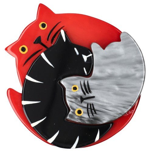 Red, Black and Grey Puzzle Cat Brooch - Galalith – Vintage Jewelry - handcrafted by Pavone by Pavone