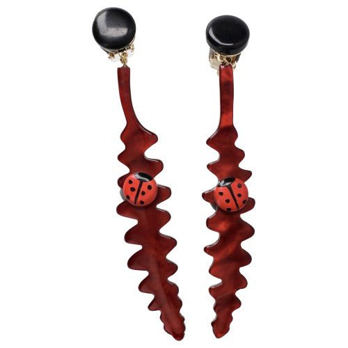 Red Bordeaux Fern Earrings with Red Ladybug - Galalith – Vintage Jewelry - handcrafted by Pavone by Pavone