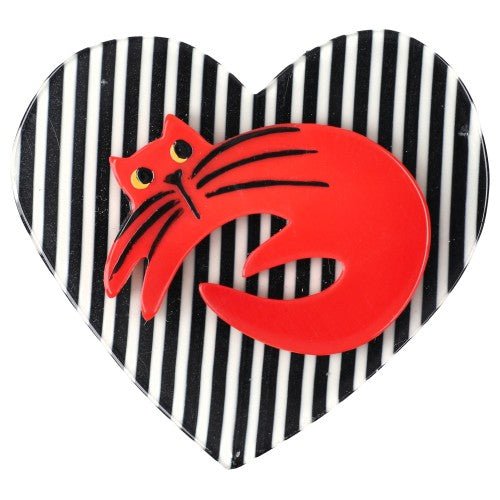 Red Cat on Striped Black - White Heart Brooch (middle size) - Galalith – Vintage Jewelry - handcrafted by Pavone by Pavone
