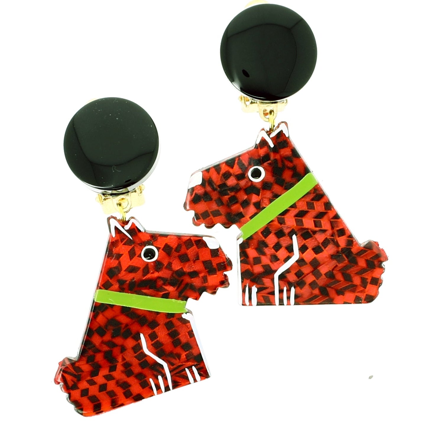 Red Checkerboards Ric Dog Earrings - Galalith – Vintage Jewelry - handcrafted by Pavone by Pavone