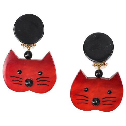 Red Dancing Cat Head Earrings - Galalith – Vintage Jewelry - handcrafted by Pavone by Pavone