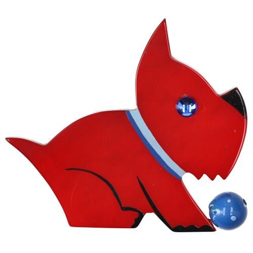 Red Lucien Dog Brooch with a Blue Ball - Galalith – Vintage Jewelry - handcrafted by Pavone by Pavone