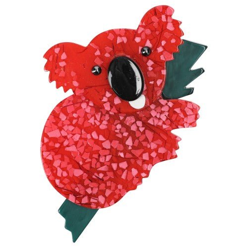 Red Mosaic Koala Brooch with green branch - Galalith – Vintage Jewelry - handcrafted by Pavone by Pavone