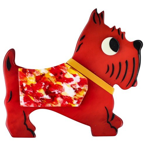 Red, Red-Yellow-White Coat and Yellow Collar Jano Dog Brooch - Galalith – Vintage Jewelry - handcrafted by Pavone by Pavone