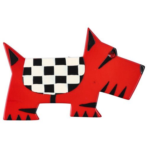 Red Scottish chequered Dog Brooch - Galalith – Vintage Jewelry - handcrafted by Pavone by Pavone