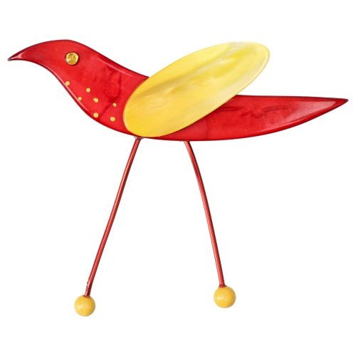 Red Wader Bird Brooch with Lemon Yellow Wing (Yellow Feet) - Galalith – Vintage Jewelry - handcrafted by Pavone by Pavone