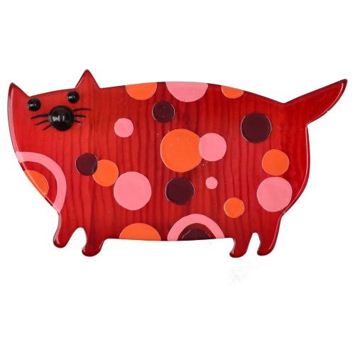 Red with Orange, Pink and Purple Dots Decor Cat Brooch - Galalith – Vintage Jewelry - handcrafted by Pavone by Pavone