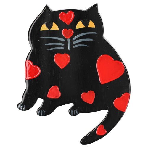 Black with Red Hearts Dreamy Cat Brooch - Galalith – Vintage Jewelry - handcrafted by Pavone by Pavone