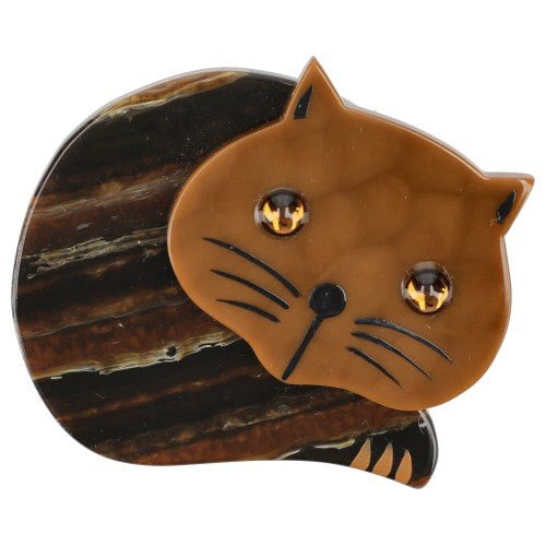Caramel Brown and Striped Brown Roudoudou Cat Brooch with Ginger Eyes - Galalith – Vintage Jewelry - handcrafted by Pavone by Pavone