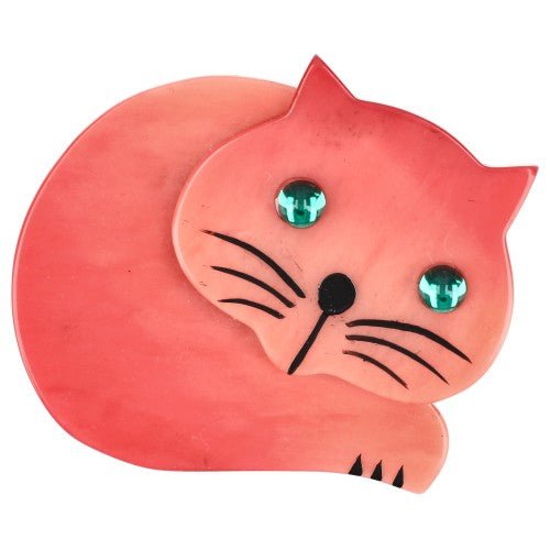 Pink Roudoudou Cat Brooch with Green eyes - Galalith – Vintage Jewelry - handcrafted by Pavone by Pavone
