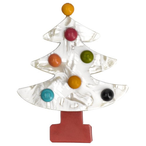 Iridescent White Christmas Tree Brooch with Multicolored Balls