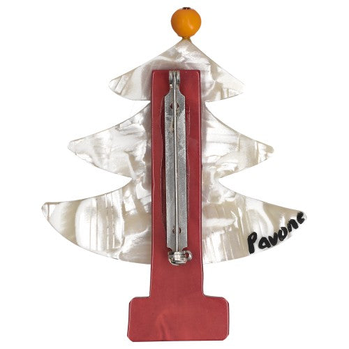Iridescent White Christmas Tree Brooch with Multicolored Balls backside