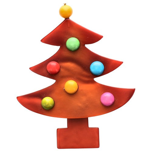 Ginger Brown Christmas Tree Brooch with Multicolored Balls 
