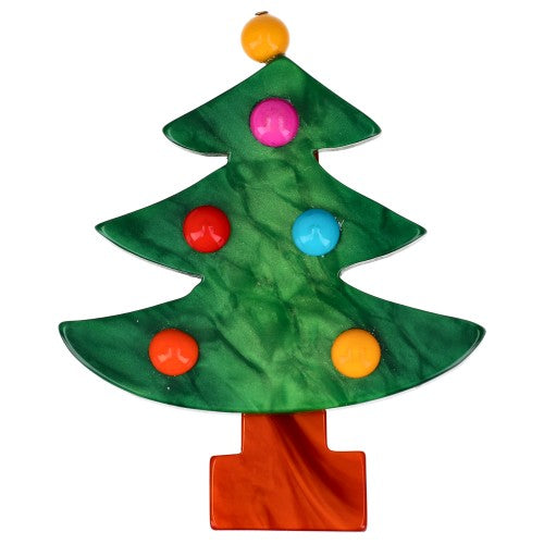 Pearly Green Christmas Tree Brooch with Multicolored Balls 