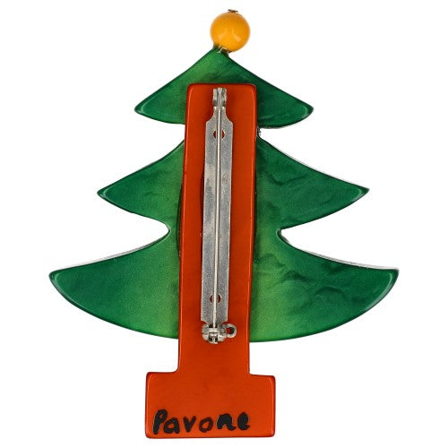 Pearly Green Christmas Tree Brooch with Multicolored Balls  back side