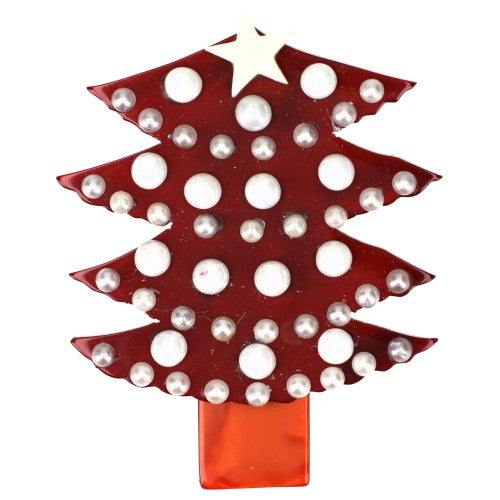 Burgundy Red Christmas Tree Brooch with Garlands of Pearly White Pearls