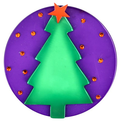 Green  Christmas Tree Brooch On Purple Moon with Orange Stars