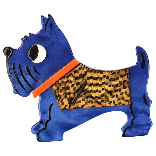 Sapphire Blue, Orange and Black Checkerboard Coat, Orange Collar Jano Dog Brooch - Galalith – Vintage Jewelry - handcrafted by Pavone by Pavone