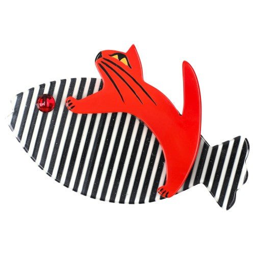 Scarlet Red and Black - White Stiped Sinbad Cat Brooch (small size) - Galalith – Vintage Jewelry - handcrafted by Pavone by Pavone