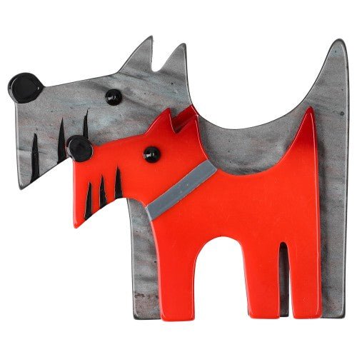Scarlet Red and Grey Double Dog Brooch - Galalith – Vintage Jewelry - handcrafted by Pavone by Pavone