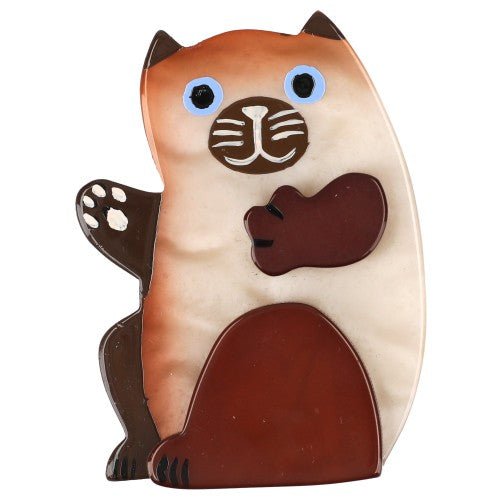Siamese Beige and Brown Sitting Cat Brooch (left) - Galalith – Vintage Jewelry - handcrafted by Pavone by Pavone