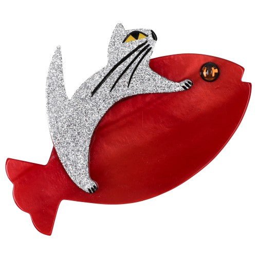 Silver Grey and Red Sinbad Cat Brooch (small size) - Galalith – Vintage Jewelry - handcrafted by Pavone by Pavone