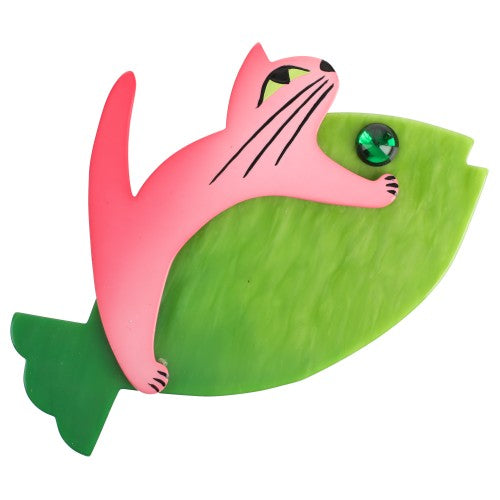 Anis Green and Light Pink Sinbad Cat Brooch
