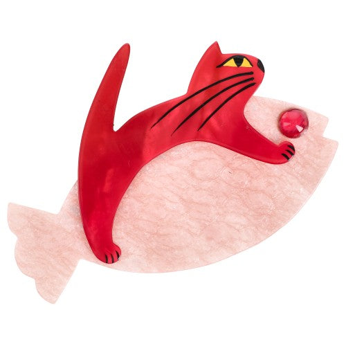 Powdery Pink and Red Sinbad Cat Brooch