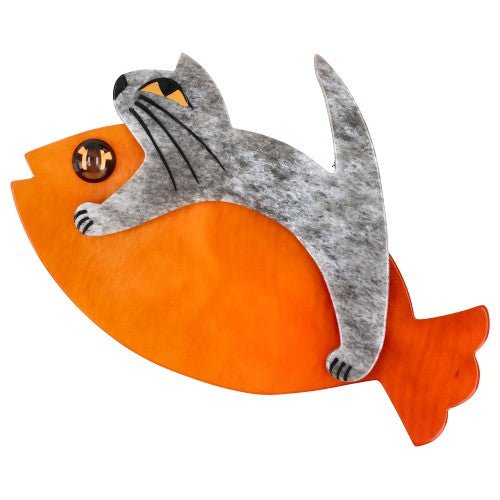 Orange and Hairy Beige Sinbad Cat Brooch (large size) - Galalith – Vintage Jewelry - handcrafted by Pavone by Pavone