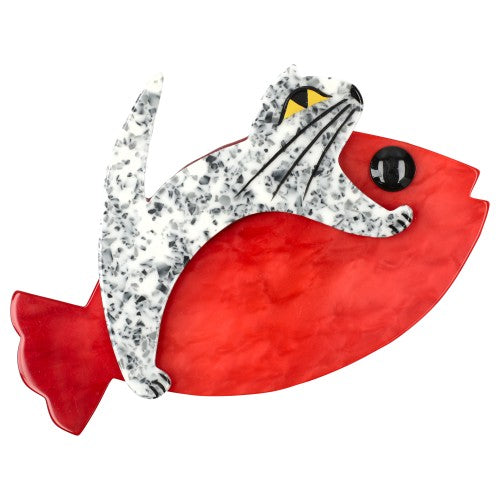 Red and White Dotted Black and Gray Sinbad Cat Brooch