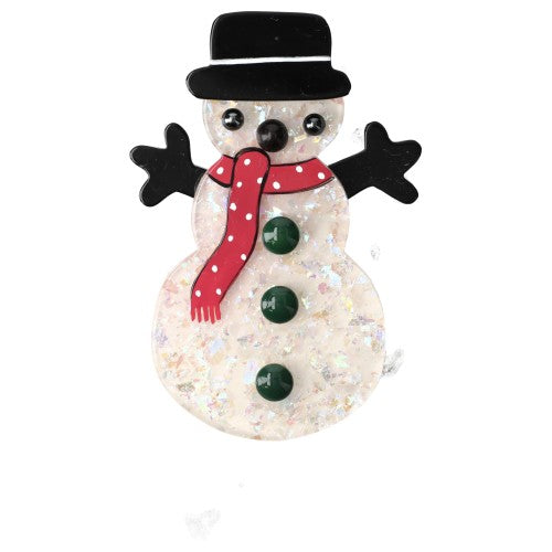 Shiny White Snowman with Red, Black and Green Brooch
