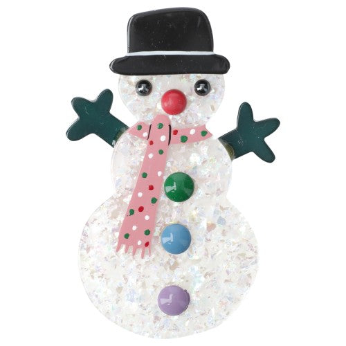 Brilliant white Snowman Brooch with a light pink scarf (polka dots)