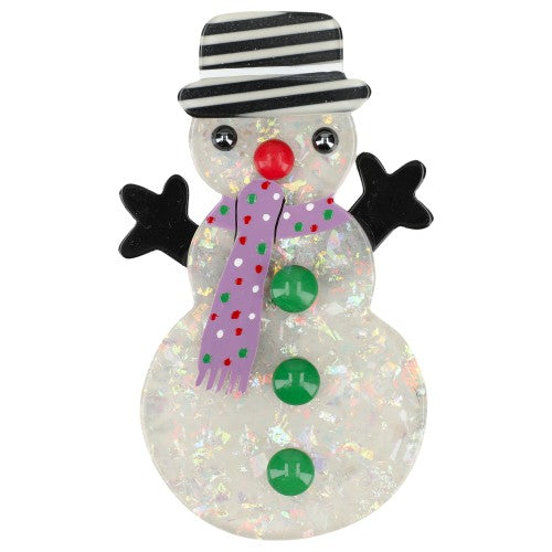 Pearly White  Snowman Brooch with a black striped hat and a Lilak polka dot scarf