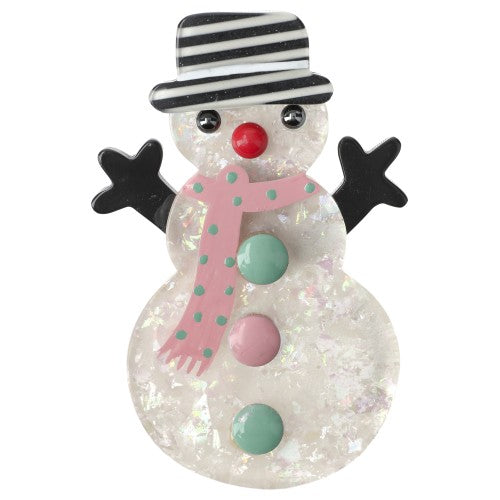  Brilliant white Snowman Brooch with a light pink scarf (polka dots) and a striped hat