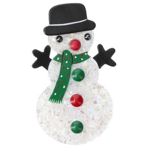 Brilliant white Snowman Brooch with a green scarf (polka dots)