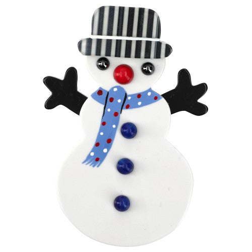 White Snowman Brooch with a striped Black Hat and a Azur Blue Scarf 