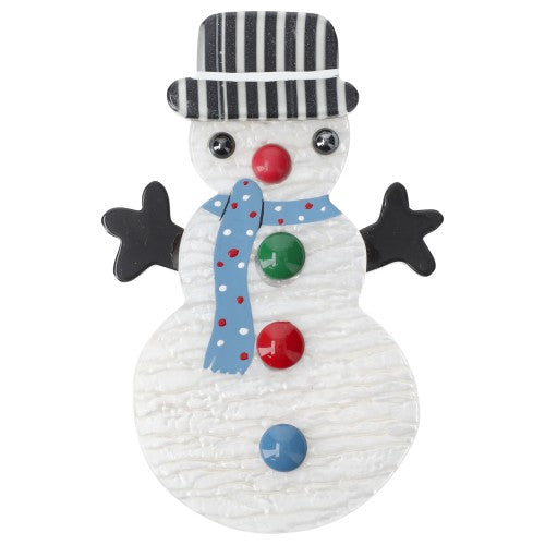 Pearly White  Snowman Brooch with a black striped hat and a blue polka dot scarf