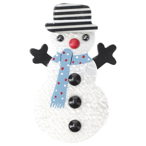 Pearly White and azur blue Snowman Brooch with black buttons