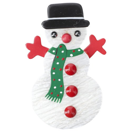 Pearly White and green Snowman Brooch with red arms