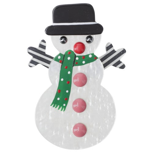 Pearly White and green Snowman Brooch with Striped arms