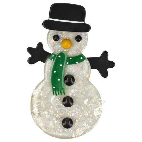 Brilliant White Snowman Brooch with a Black Hat and a Green Polka Dot Scarf 