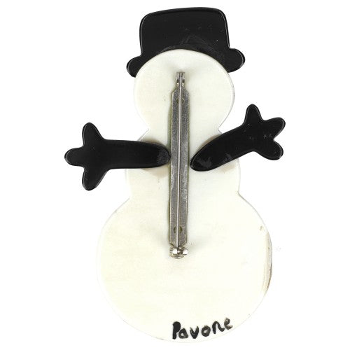 Brilliant White Snowman Brooch with a Black Hat and a Green Polka Dot Scarf  back side