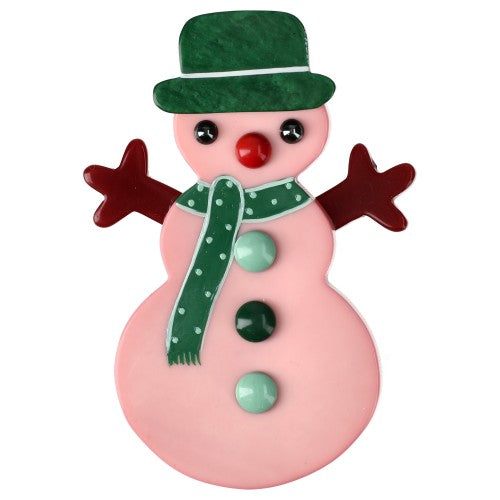 Pink Snowman Brooch with a Green Hat and Scarf
