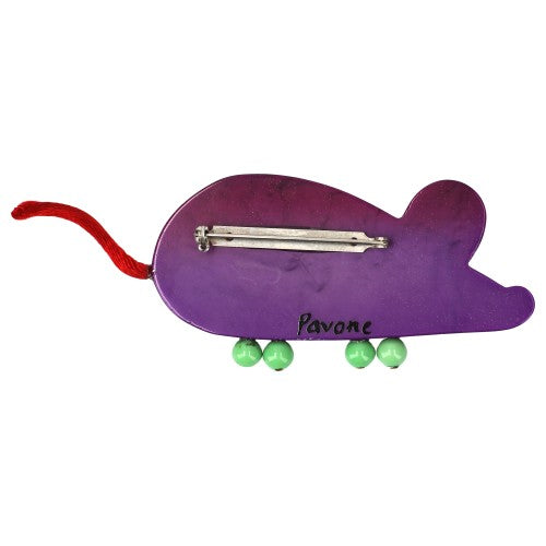 Purple and Green red feet Ratatoc Mouse Brooch back side