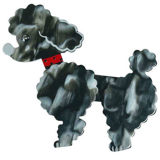 Speckled Grey Ari Poodle Dog Brooch with a red necklace - Galalith – Vintage Jewelry - handcrafted by Pavone by Pavone