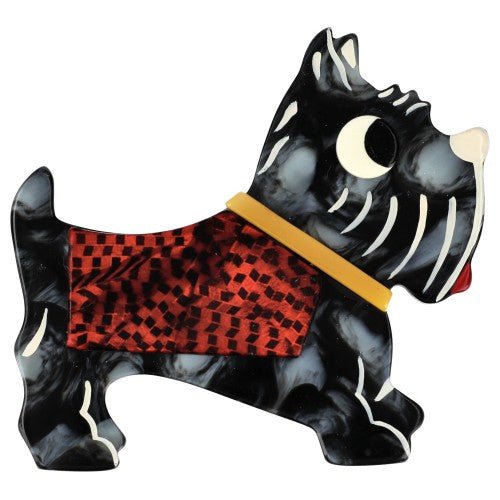 Speckled Grey, Red and Black Checkered Coat, Yellow Collar, Jano Dog Brooch - Galalith – Vintage Jewelry - handcrafted by Pavone by Pavone