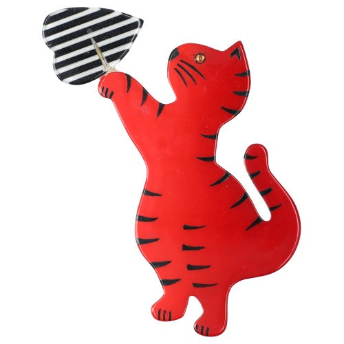 Red Standing Valentine Cat Brooch with a Striped black and white Heart