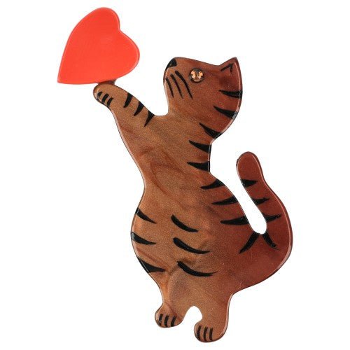 Pearly Caramel Brown Standing Valentine Cat Brooch with a Red Heart (small model) - Galalith – Vintage Jewelry - handcrafted by Pavone by Pavone